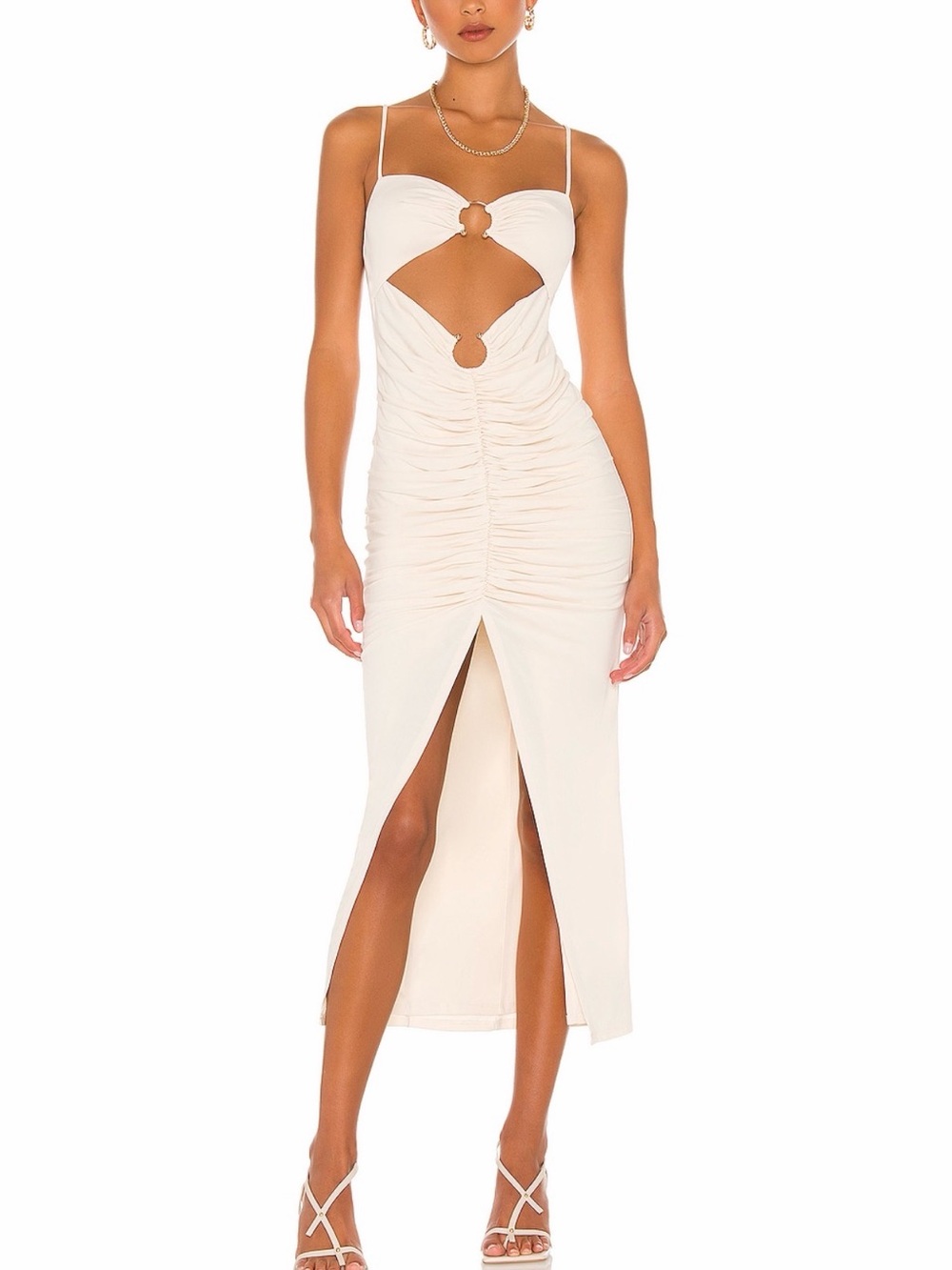 Camila Coelho Cream Cutout Ruched Midi Dress with Front Slit